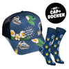 Apfelwein Set: Blaue Apfelwein Trucker Cap mit dazu passenden blauen Bembel Socken mit Apfelweinglas und Bembel Motiv