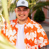 Bier und Wein Hawaiihemd in orange mit Weinreben und Hopfen Dolden