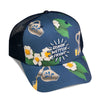 Blaue Trucker Cap mit dunkelblauem Mesh hinten und und blauem Stoff mit Apfelblüten, Bembeln und Apfelweingläsern vorne und auf dem Schirm. Auf dem Front Panel ist in weiß das Schönwetterfront Logo aufgestickt.