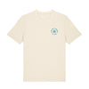 Naturfarbenes T-Shirt mit kleinem Schönwetterfront Logoprint auf Brusthöhe und dem Spruch "Good Vibes & Ebbelwoi" Siebdruck