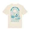 Naturfarbenes T-Shirt mit großem "Good Vibes & Ebbelwoi" Siebdruck auf dem Rücken: Bembel, Apfelweingläser, Apfelblüte. Darunter steht "From Hessen with Love"