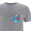 Grau meliertes Unisex T-Shirt mit blauer Laubwald Brusttasche