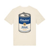 Naturfarbenes T-Shirt mit Ebbelwoi Pop Art Siebdruck auf dem Rücken und kleinem Logoprint auf Brusthöhe vorne