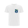 Weißes T-Shirt mit blauer Apfelwein Brusttasche mit Apfelblüten, Bembel und geripptem Apfelweingläsern