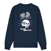 Dunkelblaues langärmliges Sweatshirt mit großem Siebdruck auf dem Rücken: weißer Totenkopf mit Bembelverzierung und Apfelblüten. Darunter steht "An Äppler a day keeps the Reaper away"