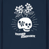 Dunkelblaues langärmliges Sweatshirt mit großem Siebdruck auf dem Rücken: weißer Totenkopf mit Bembelverzierung und Apfelblüten. Darunter steht "An Äppler a day keeps the Reaper away"
