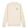 Naturfarbenes langärmliges Sweatshirt mit kleinem Schönwetterfront Logoprint auf Brusthöhe und dem Spruch "Good Vibes & Ebbelwoi" Siebdruck