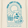 Naturfarbenes langärmliges Sweatshirt mit großem "Good Vibes & Ebbelwoi" Siebdruck auf dem Rücken: Bembel, Apfelweingläser, Apfelblüte. Darunter steht "From Hessen with Love"