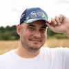 Blaue Apfelwein Trucker Cap mit Bembel, gerippten Gläsern und Apfelblüten